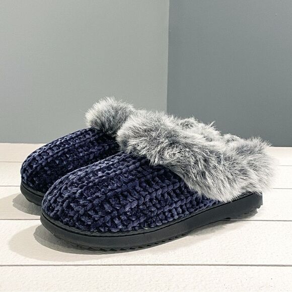 Dearfoam Women’s Faux Fur Chenille Knit Memory Foam Slippers In Navy Peacoat 5/6 - Picture 2 of 8